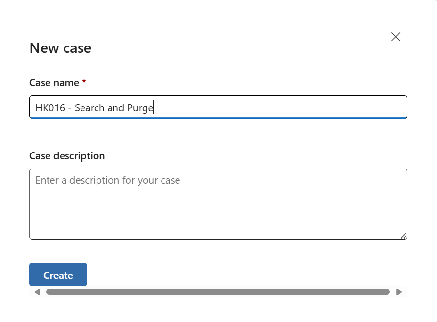 New case creation screen in eDiscovery. New case is titled 