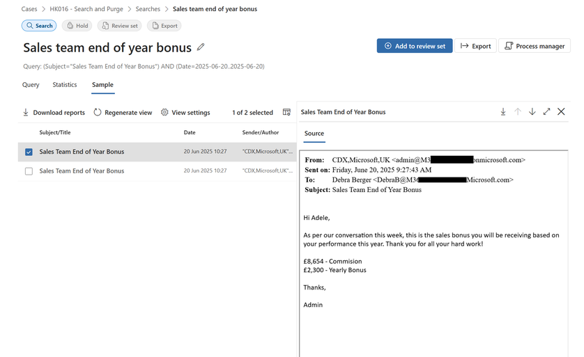 The returned sample results showing two items returned. One item is selected and is showing the email with the subject 