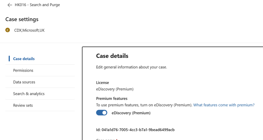 A view of the case details page from the eDiscovery case settings for the HK016 - Search and Purge case. It shows the case ID for this case.