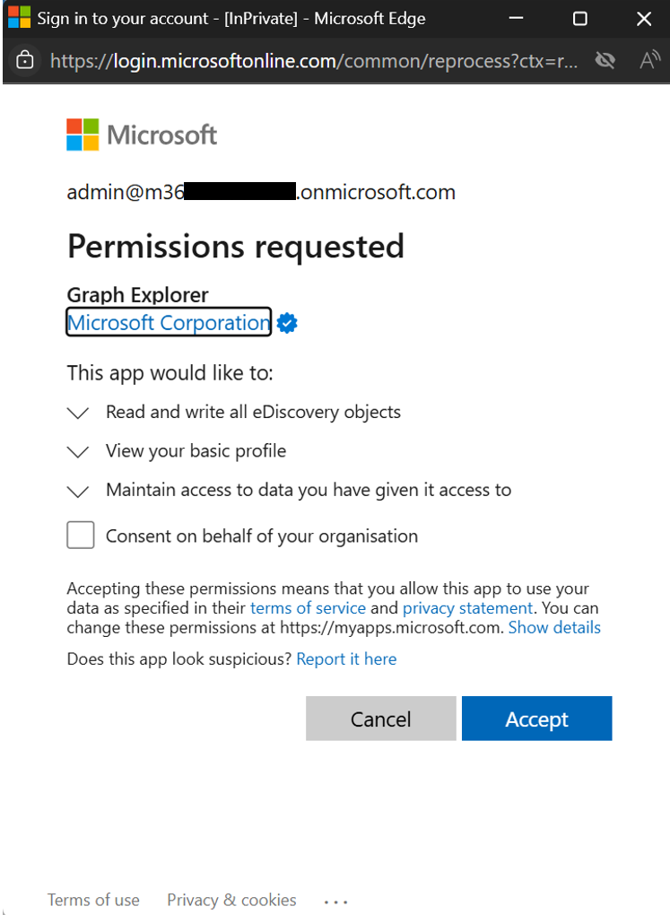 Consent prompt asking the admin to grant the Graph Explorer app 