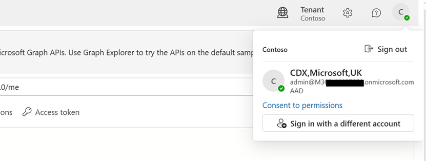 Image showing the signed in account. It provides option to sign out, use a different account as well as the option to consent to permissions.