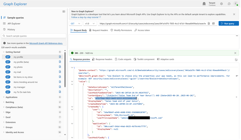 View of the response from the Graph API call. It shows the search 