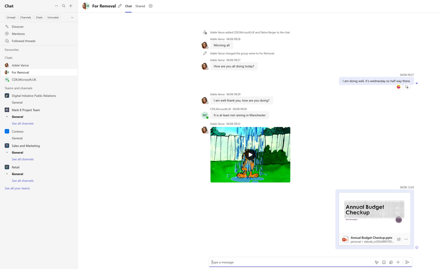 A view from Microsoft teams of a conversation between Debra, Adele and Admin. There are various messages asking how people are, discussing the weather. A Garfield gif is included, reference to it always raining in Manchester UK (it is always raining) and document shared in the teams conversation.