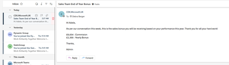 Outlook on the web showing an email item with a subject of Sales Team End of Year Bonus within Debra's inbox.
