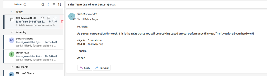 Outlook on the web showing an email item with a subject of Sales Team End of Year Bonus within Debra's inbox.