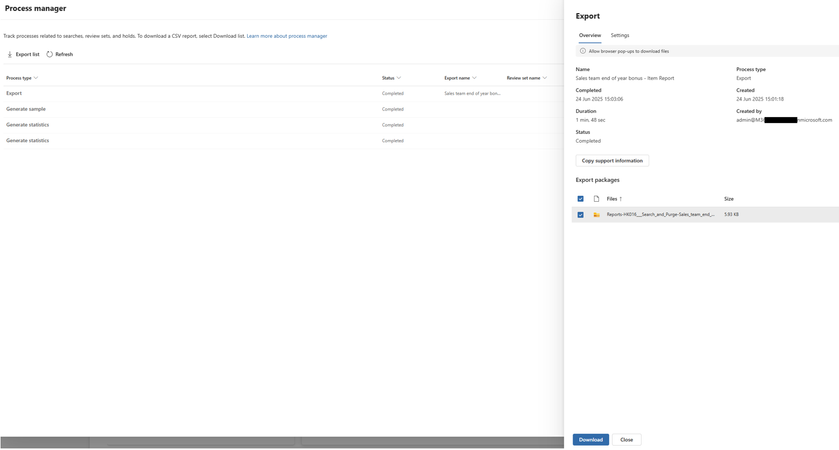 Information on the export job from process manager. This shows information such as created/end date, status and duration. It also includes the generated export report zip file available for download.