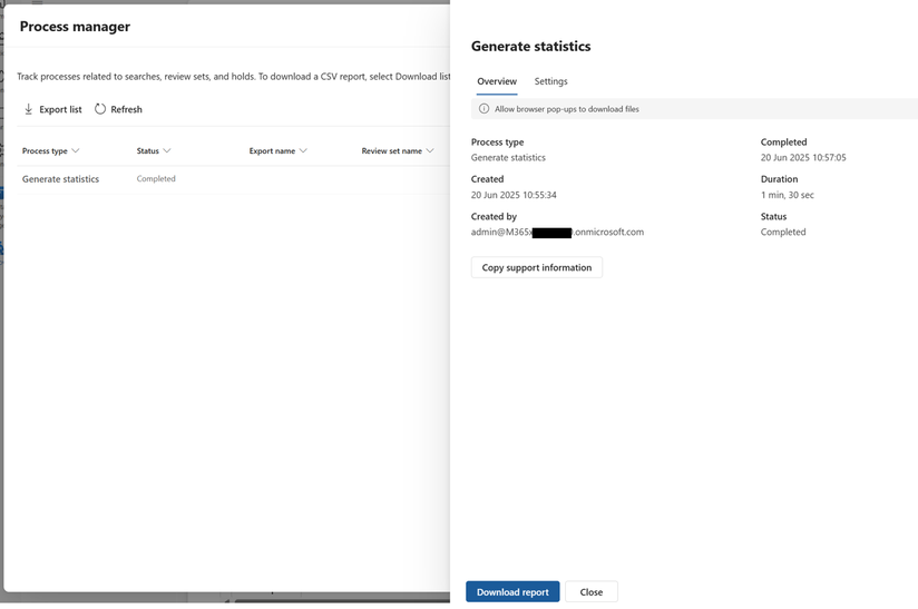 Shows the generate statistic job from the process manager. It provides information such as status, start/end times, duration and who created the job. There is also a button to download the report for the job.