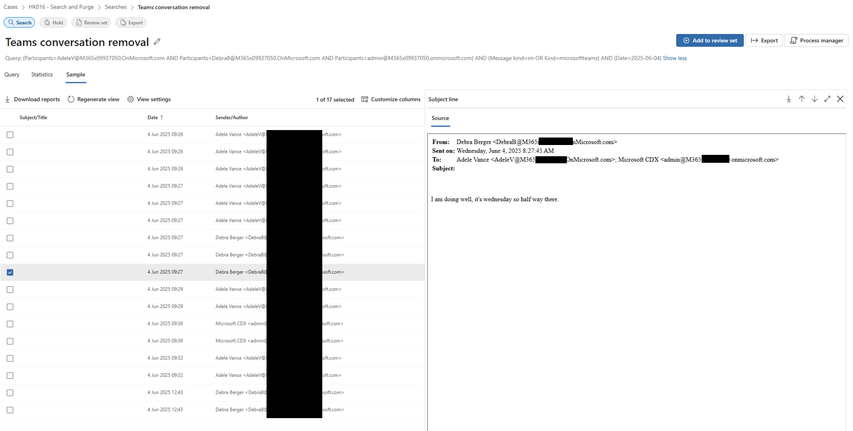 Results of the sampling job showing the items returned. One item is opened and it is one of the messages we are looking for.