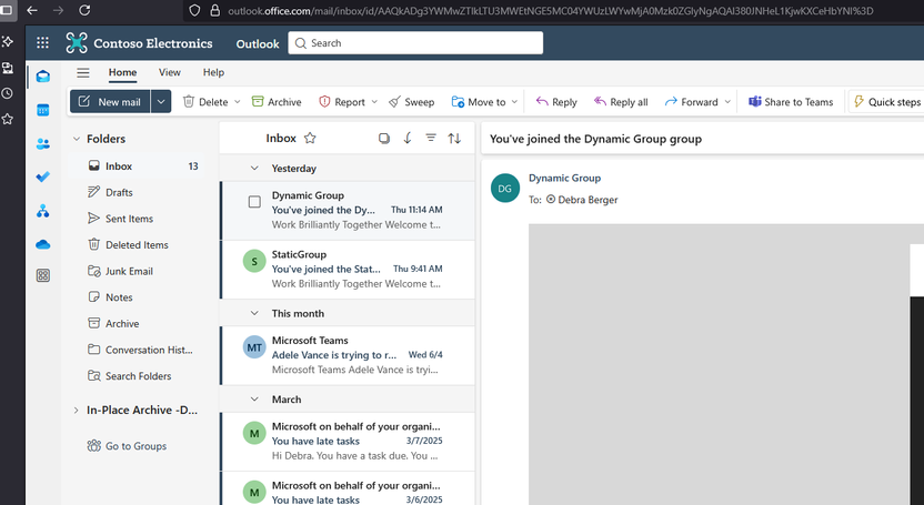 View of Debra's inbox in Outlook on the Web showing that the item purged is no longer present.