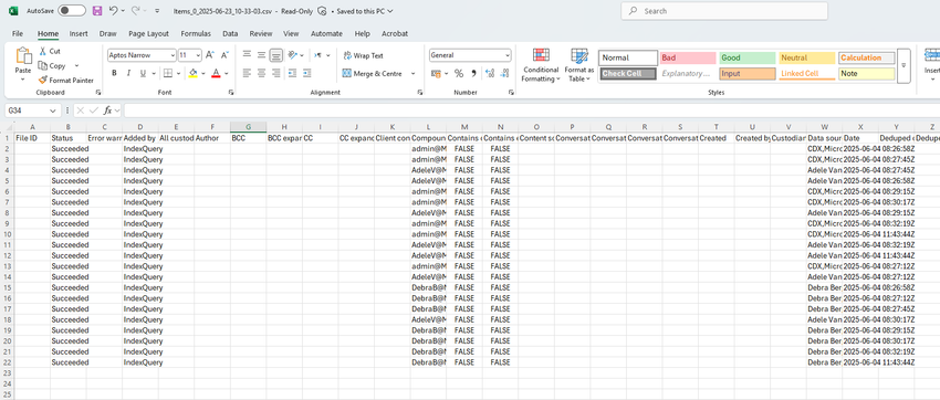 View from excel showing the item.csv report. It includes 21 items and shows the status of the items, where they were located and other item metadata.
