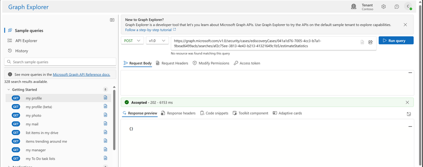 Shows the response from the Graph API call and shows Accepted - 202 message