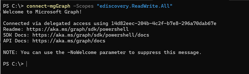 PowerShell output from running the command showing a welcome to Microsoft Graph banner after successfully authenticating.