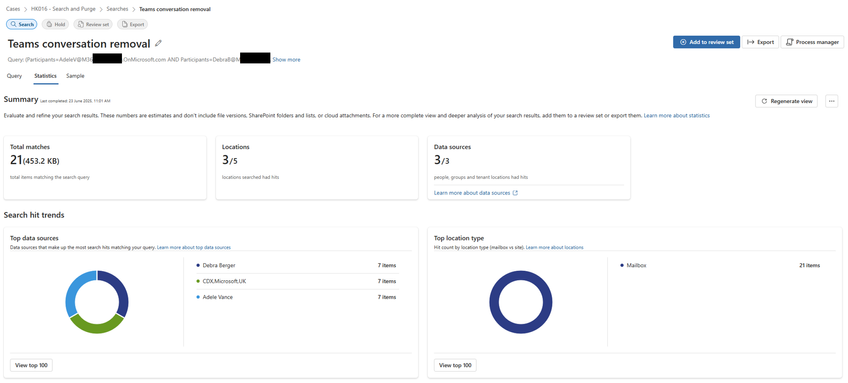 Shows the completed statistics job with 21 total hits, found across 3 locations, each with 7 items