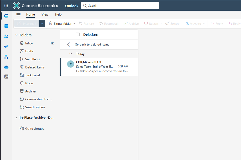 View of Debra's recoverable deleted items in Outlook on the Web showing the item purged.