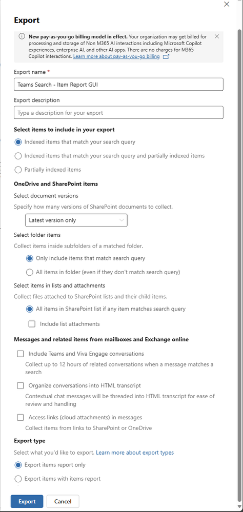 View of the export job configuration to generate an item report.