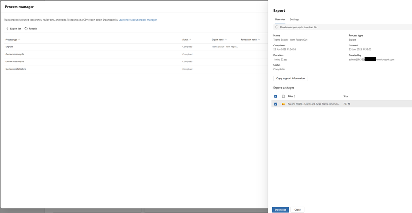 Information on the export job from process manager. This shows information such as created/end date, status and duration. It also includes the generated export report zip file available for download.