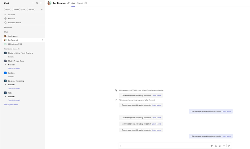 A view from Microsoft teams of the previous conversation between Debra, Adele and Admin. Now it shows the messages have been purged with each replaced with the text 