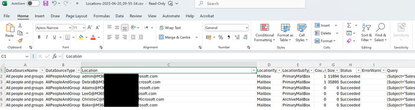 View of the locations.csv report in excel. Shows the locations searched, location type, count, size and status. Two locations are showing with hits, admin and Debra.