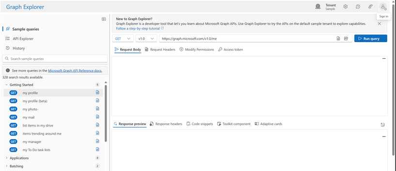 Image of Graph Explorer when you initial browse to it. No user is currently signed in.