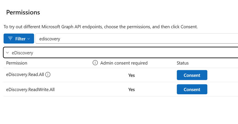 View of the available permissions filtered based on the keyword eDiscovery. It has returned two results, ediscovery.read.all and ediscovery.readwrite.all