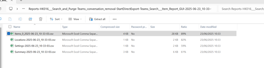 View of windows explorer showing 4 csv files contained within the job report ZIP package. The four files are named locations.csv, settings.csv, statistis.csv and summary.csv