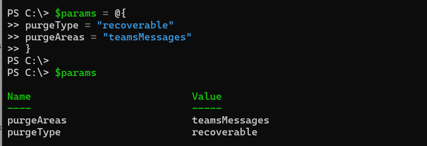 Shows the output of the PowerShell command. This shows how the params variable is created.