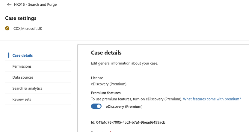 A view of the case details page from the eDiscovery case settings for the HK016 - Search and Purge case. It shows the case ID for this case.