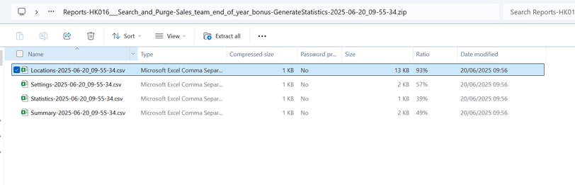 View of windows explorer showing 4 csv files contained within the job report ZIP package. The four files are named locations.csv, settings.csv, statistis.csv and summary.csv