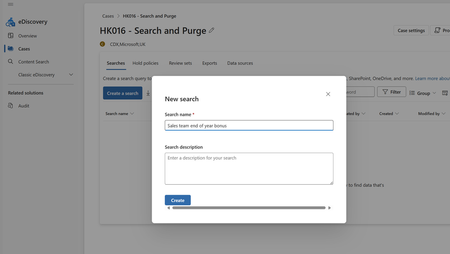 New search being created in the HK016 eDiscovery case. The search has been named 