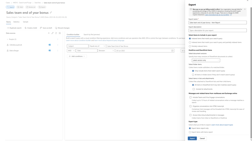 View of the export job configuration to generate an item report.