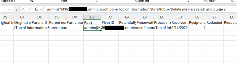 Image from excel showing the contents of the items.csv report. There is a single entry matching the item we wish to purge..
