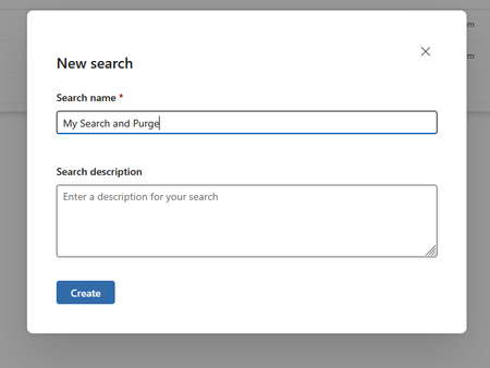 View of the new search creation screen from Purview eDiscovery. The search has been given the name 