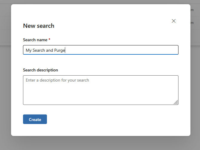 View of the new search creation screen from Purview eDiscovery. The search has been given the name 
