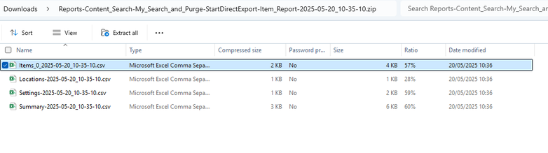Image of the contents export item report zip package in Windows explorer. It shows four files, items.csv, locations.csv, settings.csv and summary.csv. Items.csv is highlighted/selected.