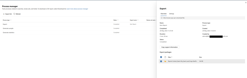 View of the process manager with the Export job run in the previous step selected. It shows information on the export job such as name, completed/created date/time as well as who it was created by. In addition the item report zip file is visible with an option to download it.