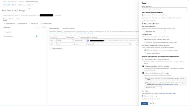 Shows the export job being configured for the 