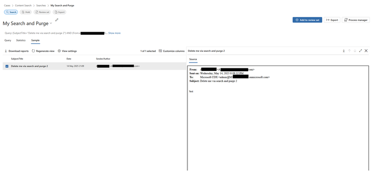 View of the resulting samples returned by the sample job. One item was returned and it matches the item due to be purged.