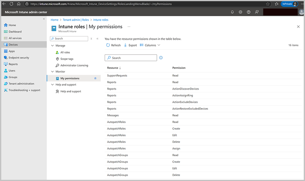 Screenshot of the Microsoft Intune admin center showing My permissions under Intune roles.