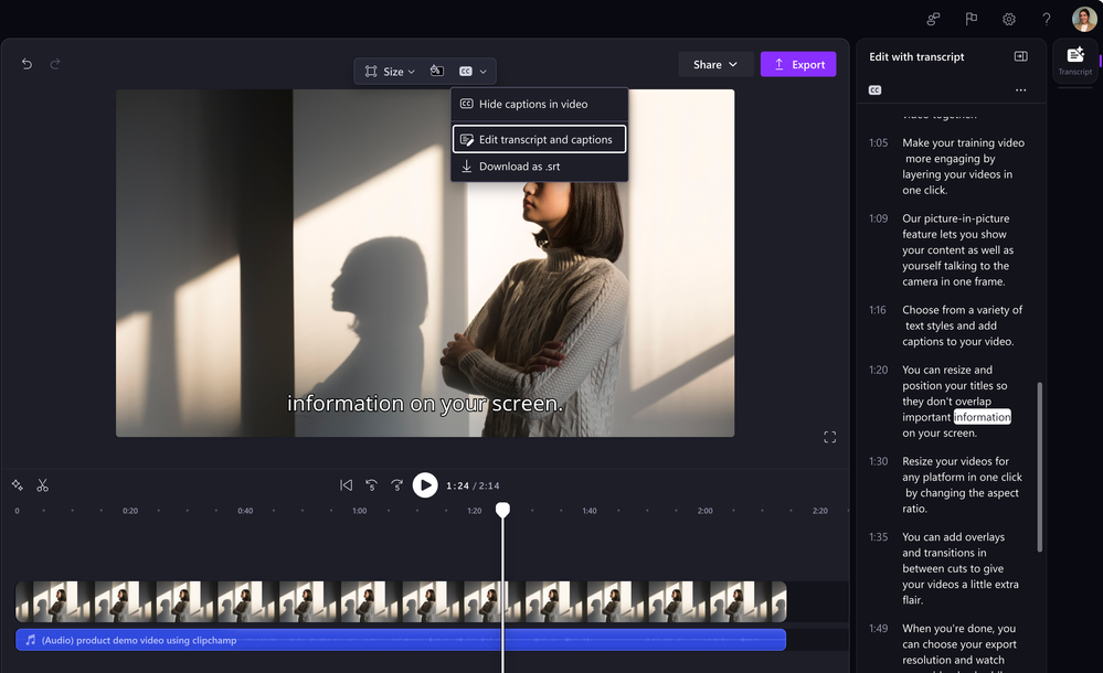 A video in Microsoft Clipchamp with captions on the side and the Edit transcript and captions button highlighted.