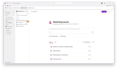 A screenshot of a Copilot Notebook in Microsoft OneNote about a Marketing Launch.