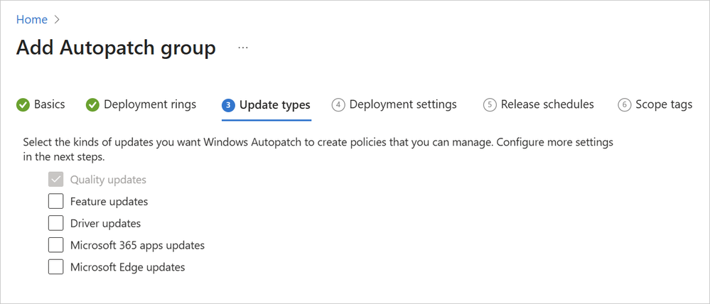In the Microsoft Intune admin center, on the third step of the Add Autopatch group wizard, the Feature updates box remains unchecked.