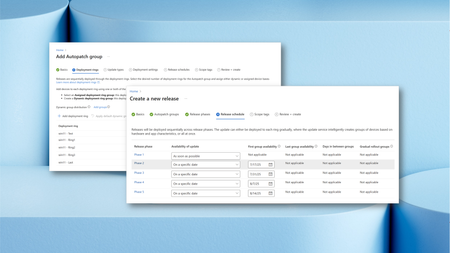 In the Microsoft Intune admin center, the IT admin has created 5 rings: a test ring, a pilot ring, two broader group rings, and an all company ring.  In the Microsoft Intune admin center, the IT admin is on step four of creating a new release, the Release schedule. Phase 1 is set to update as soon as possible, while phases 2 through 5 are set up for sequential release phases.