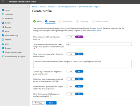 The Enrollment Status Page (ESP) profile settings in the Microsoft Intune admin center, with a new setting to Install Windows quality updates set to 