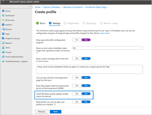 Screenshot showing Enrollment Status Page (ESP) profile settings in the Microsoft Intune admin center, with a new setting to Install Windows quality updates set to “Yes.”