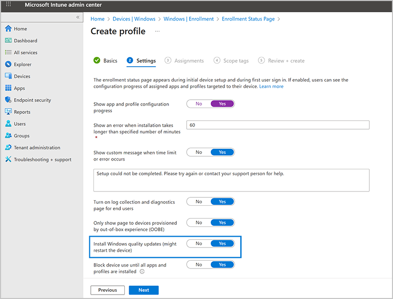 Screenshot showing Enrollment Status Page (ESP) profile settings in the Microsoft Intune admin center, with a new setting to Install Windows quality updates set to “Yes.”