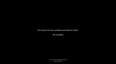 A black screen with a Windows stop code and a short message to the user that Windows is restarting imminently.