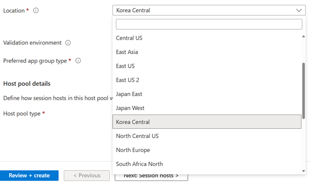 Screenshot of UI showing Korea Central in drop down as a location option
