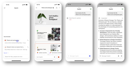 Four screenshots of the Microsoft 365 Copilot App showing how you can Search for a file, preview it, and ask Copilot Chat for a summary of the file.