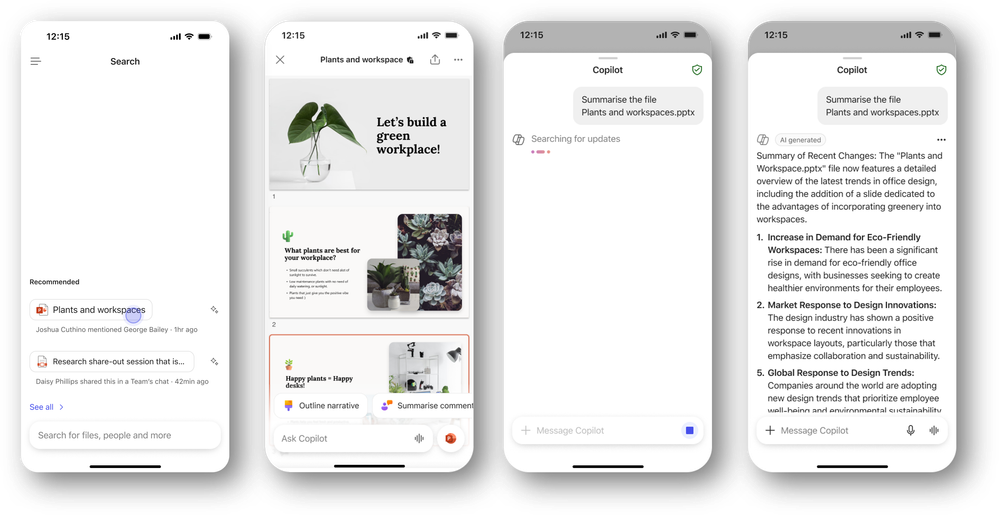 Four screenshots of the Microsoft 365 Copilot App showing how you can Search for a file, preview it, and ask Copilot Chat for a summary of the file.