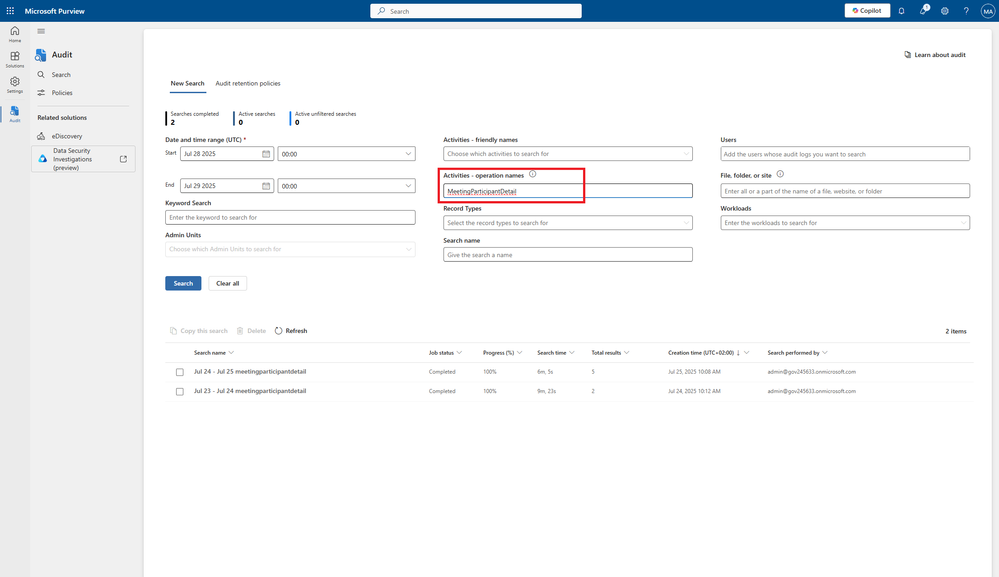 A screenshot of the New Search menu in the Audit tab of the Microsoft Purview portal with the Activities - operation names box highlighted and including the word MeetingParticipantDetail.